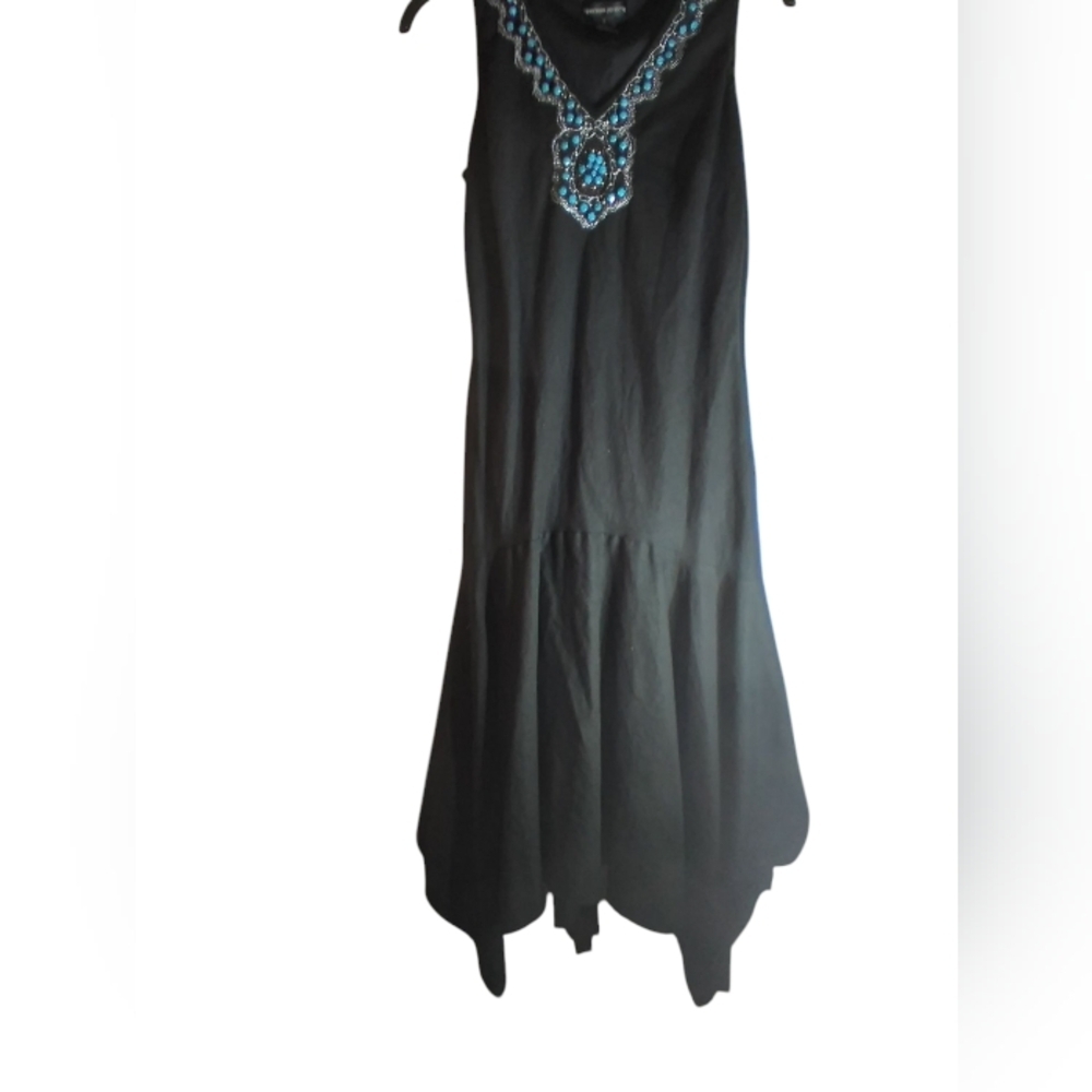 Spenser Jeremy Black Linen Cotton Blend Boho Gypsey Asymetrical Dress Beaded